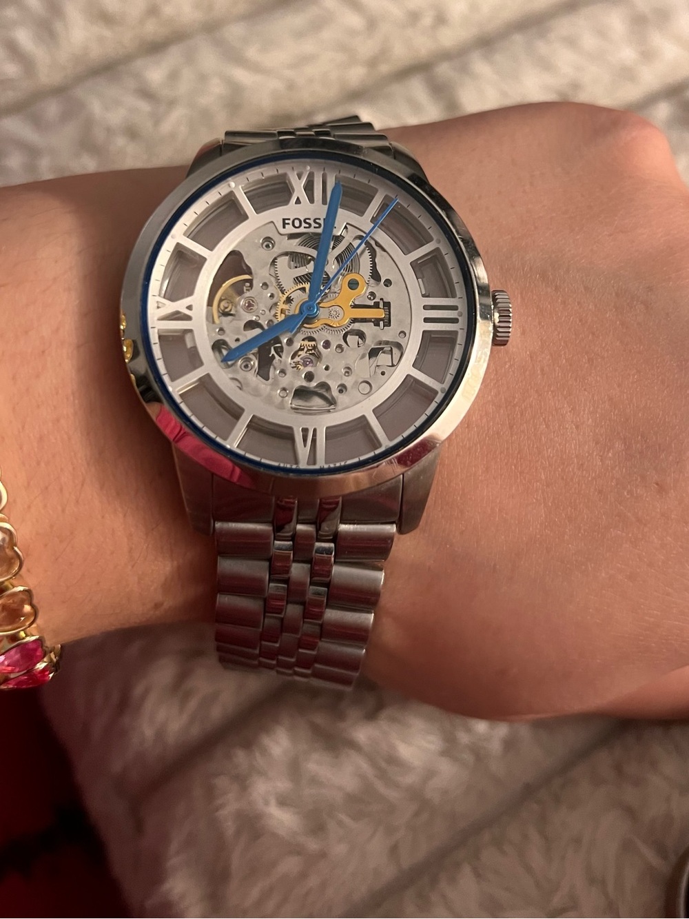 Fossil Men’s Silver Skeleton Watch with Blue Hands